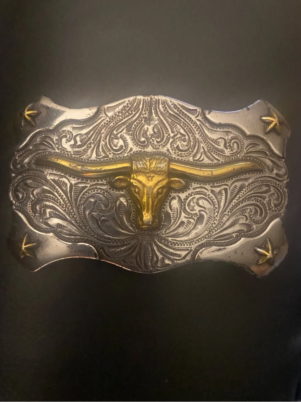 Vintage Western Style Longhorn Steer Belt Buckle Two-Tone Silver & Gold Draign